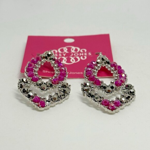 Sassy Jones Malia Glass Dangle Pink Rhinestone Silver Tone Hook Drop Earrings - Picture 4 of 6